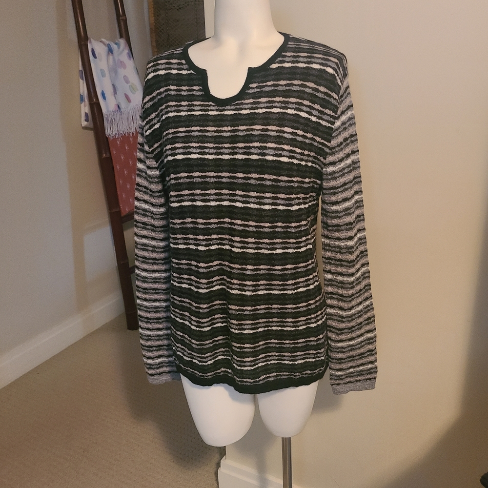 Sweater 100% Baby Alpaca Long Sleeve Kuna Womens L Blck/ Grey & White Striped.